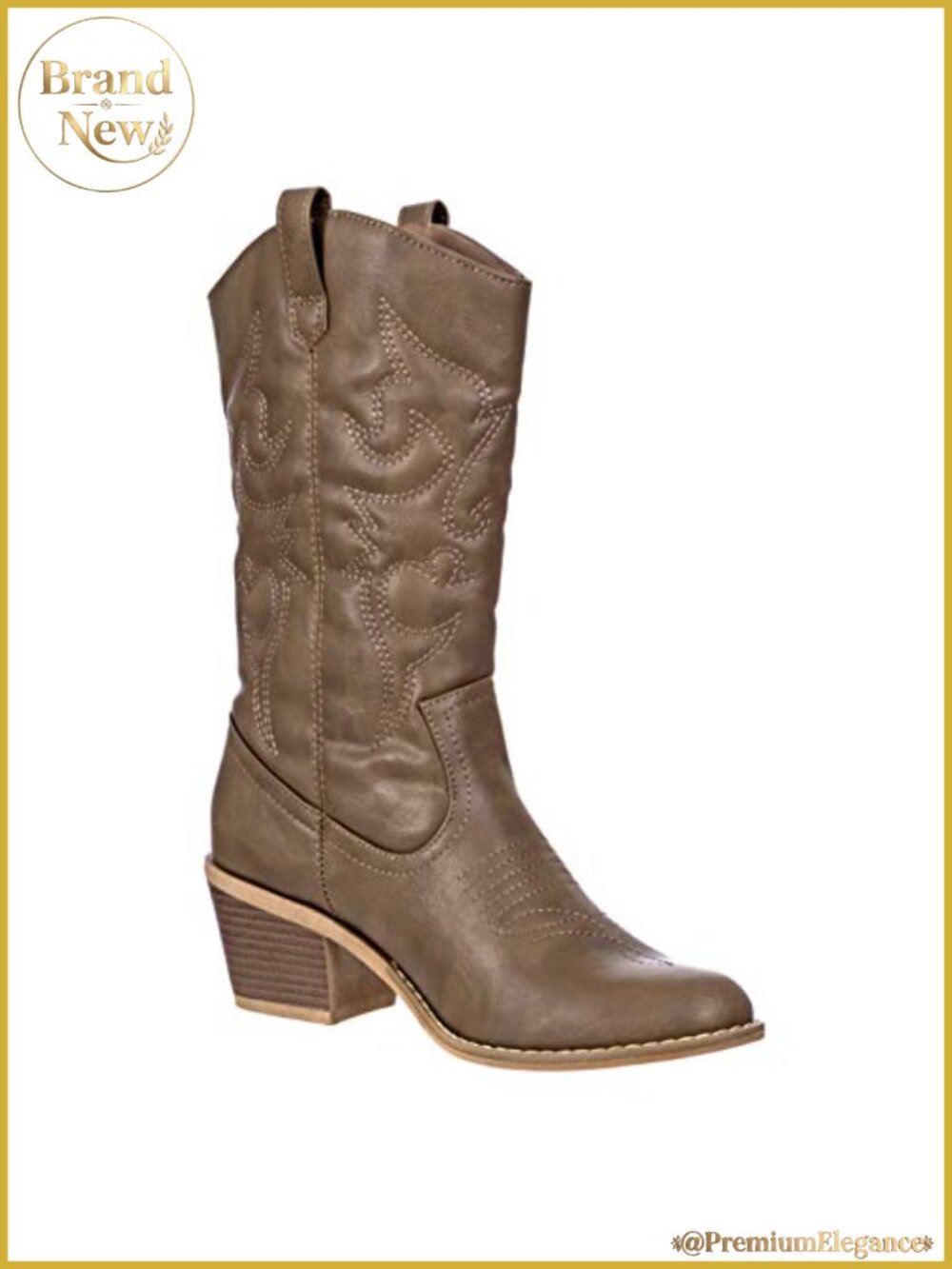 Cowboy Boots for Women Mid-Calf Embroidered Stitching Low Stacked Heel Vegan
